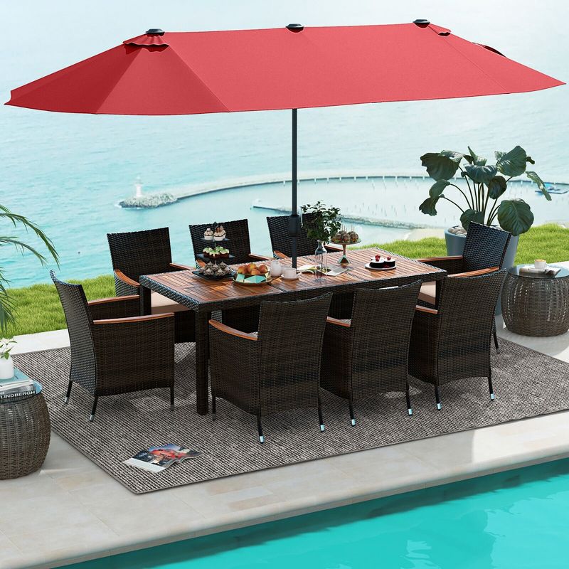 Tangkula 9 Piece Patio Wicker Dining Set w/ Double-Sided Patio Wine Umbrella Stackable Chairs, 2 of 11