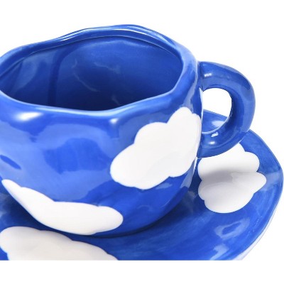 Blue and White Hand-Painted Ceramic Coffee Cup with Saucer