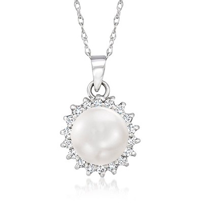 Ross-Simons 7-7.5mm Cultured Pearl and .12 ct. t.w. Diamond Pendant Necklace in 14kt White Gold Size 18