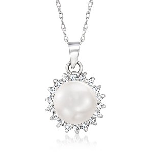 Ross-Simons 7-7.5mm Cultured Pearl and .12 ct. t.w. Diamond Pendant Necklace in 14kt White Gold Size 18 - 1 of 4