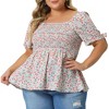 Agnes Orinda Women's Plus Size Floral Square Neck Smocked Bow Tie Short Sleeve Peplum Blouses - 2 of 4