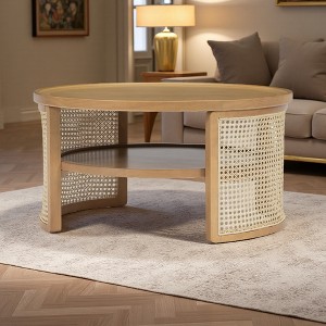 31.3" 2-Tier Wood Round Coffee Table with Rattan Base - 1 of 4