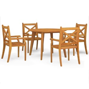 vidaXL Outdoor Furniture Set - 5 Piece Patio Dining Set Solid Acacia Wood - Slatted Design, Round Table and 4 Chairs - Farmhouse Style, Brown - 1 of 4