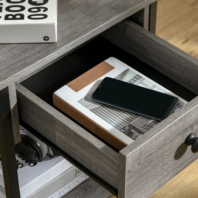 Gray Wood and Black Steel Square End Table with Storage