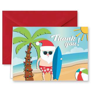 Paper Frenzy Surfing Santa Tropical Beach Christmas Holiday Thank You Note Cards with Red Envelopes - 25 pack