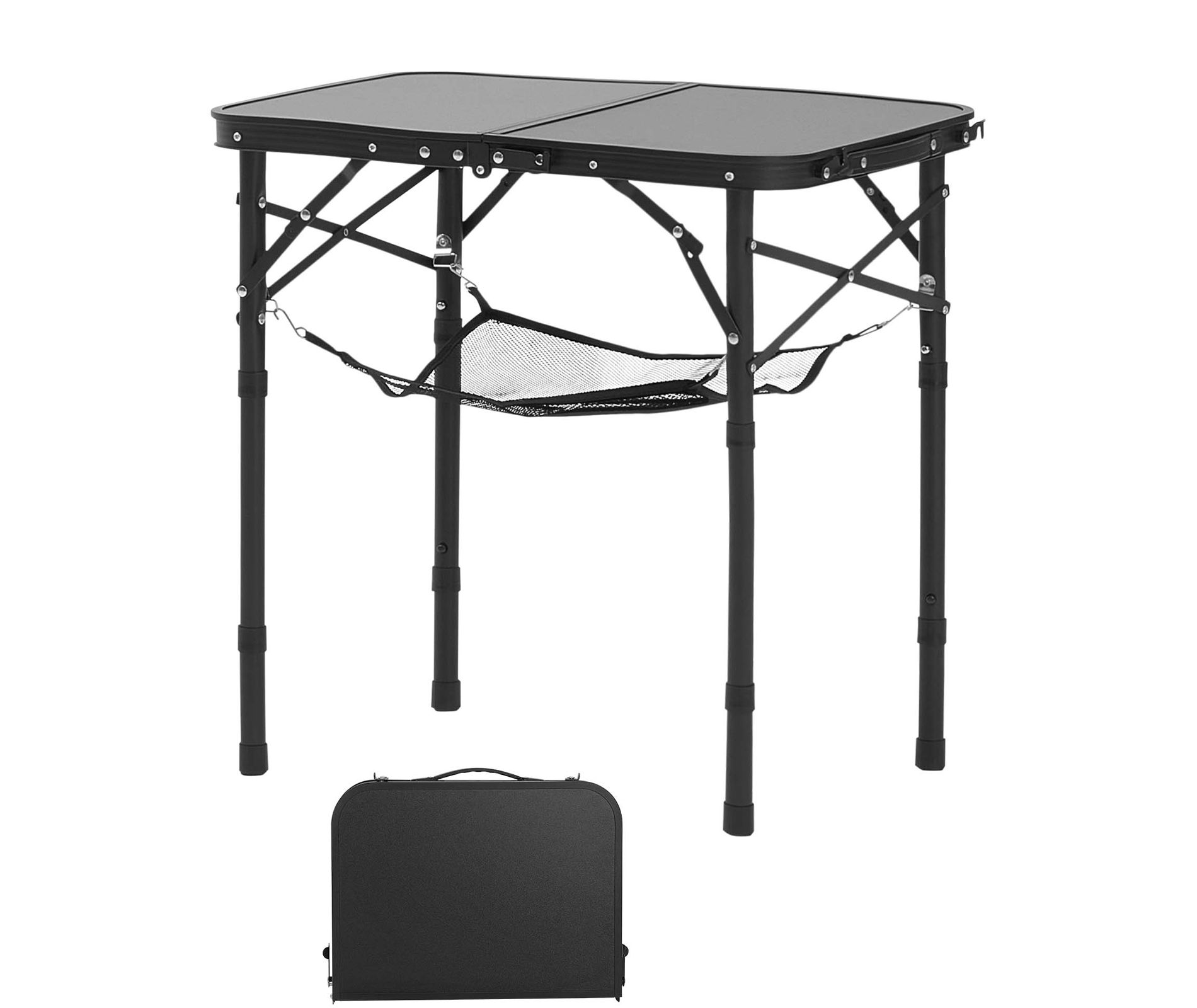 VEVOR Folding Camping Table, Adjustable Height Portable Side Tables, Aluminum MDF Beach Table with Mesh Layer, Carrying Handle, 24x16in, Black