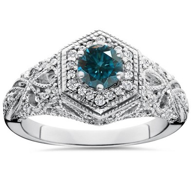 Pompeii3 .81CT Blue Diamond Halo Vintage Engagement Ring 14K White Gold
