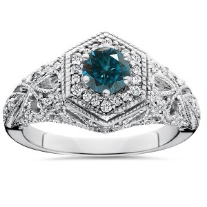 Pompeii3 .81CT Blue Diamond Halo Vintage Engagement Ring 14K White Gold - 1 of 4