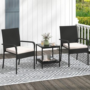 Costway 3 PCS Patio Furniture Set with 2-Tier Table Tempered Glass Tabletop & Soft Cushions White/Black/Brown - 1 of 4