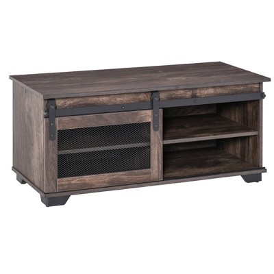 HOMCOM Farmhouse Coffee Table with Sliding Mesh Barn Door Storage Cabinet and Adjustable Shelves Dark Brown