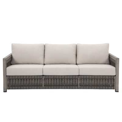 Cesicia 79'' x 32.9'' x 29.3'' in Modern Sofa Couches, 3 Seater Sofa With Woven Rattan Seat &Cushion For Garden, Poolside, Balcony, Black+Gray