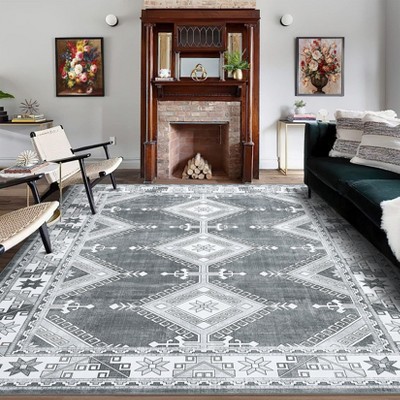 Washable Vintage Rug Non Slip Low Pile Rug Soft Throw Floor Cover Foldable Indoor Carpet for Living Room Bedroom Playroom Nursery