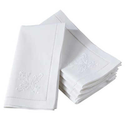 Saro Lifestyle Saro Lifestyle Embroidered Floral Vase Hemstitch Design Cotton Napkins (Set of 6), White, 20"