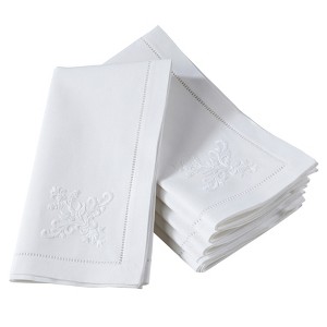 Saro Lifestyle Saro Lifestyle Embroidered Floral Vase Hemstitch Design Cotton Napkins (Set of 6), White, 20" - 1 of 2