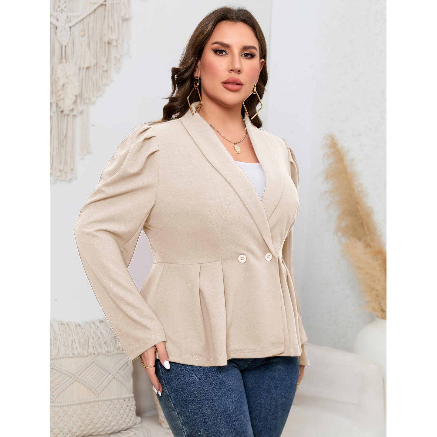 Женская куртка YesFashion Plus Size Peplum Blazer Jacket, Double Breasted Puff Shoulder Lapel Suit Coat, Curvy Fit Office Casual Outerwear Beige, цвет: Бежевый — фото 5