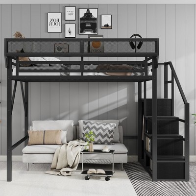 Sapphtopaz Metal Loft Bed with Stairs, Wardrobe, Safety Guardrail & Storage Shelves, High Loft Bed for Kids, Teens & Adults, Space-Saving