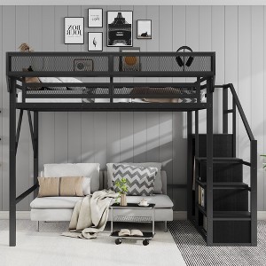 Sapphtopaz Metal Loft Bed with Stairs, Wardrobe, Safety Guardrail & Storage Shelves, High Loft Bed for Kids, Teens & Adults, Space-Saving - 1 of 4
