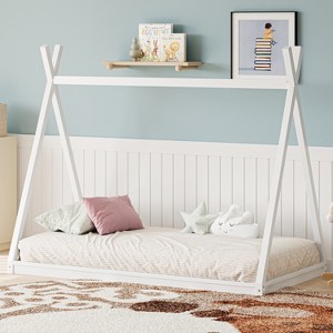 Twin Size Tent Bed for Kids, Wood Low-Floor Bed, House Shape Tent Bed Frame for Teens Without Slats -ModernLuxe - 1 of 4