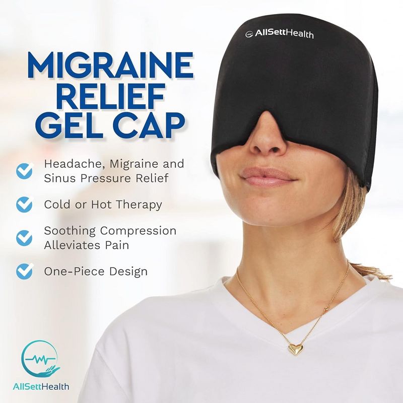 Allsett Health 2 Pack Migraine Relief Cap, One Size Fits All | Hot/Cold Gel Compress, Built in Face and Eye Mask, Hangover, and Stress  Relief, 2 of 7