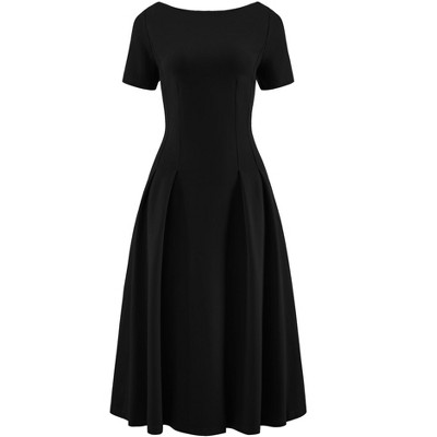 INSPIRE CHIC Women's Boat Neck Short Sleeve Pleated Work A-Line Midi Dress