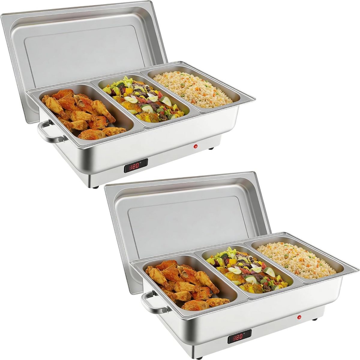 Electric Chafing Dish Buffet, 3 × 3 QT Food Warmer with Stainless Steel Lid, 400W Temperature Control 86-200°F Chafer For Catering Parties - thumbnail 2