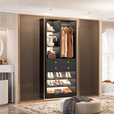 Aheaplus Closet Organizer System with Drawers and Adjustable Shelves, Freestanding Walk-in Wooden Closet
