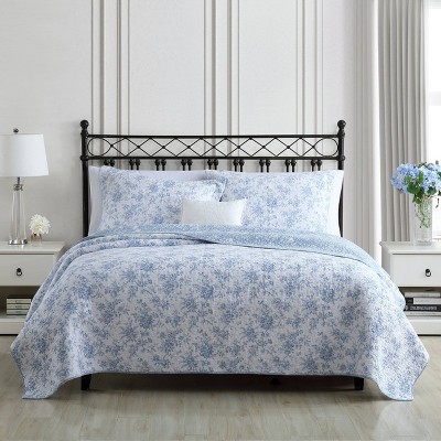 Blue and White Cotton Reversible Floral Quilt Set
