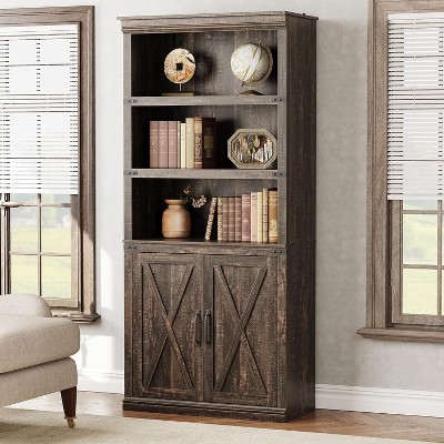 Farmhouse Bookcases with Doors, 5 Tier Bookshelf with Storage, Wooden Storage Cabinet
