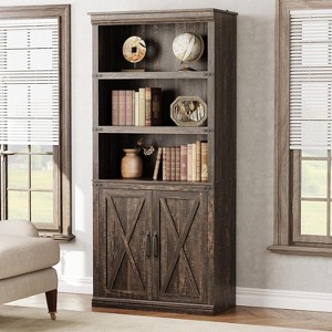 Farmhouse Bookcases with Doors, 5 Tier Bookshelf with Storage, Wooden Storage Cabinet - 1 of 4