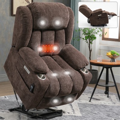 1pc Power Lift Recliner Chair, Chenille Fabric with Massage & Heat, USB Ports & Cup Holders for Elderly Support - Coolbibila