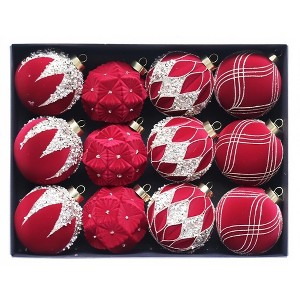 12PCS Multiple Colors Flocked Christmas Ornaments Set, 3.15 in Velvet Christmas Decorations Painted Shatterproof Plastic Balls - 1 of 4