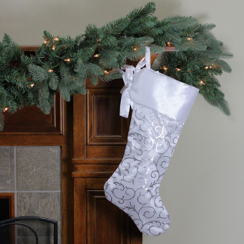 Northlight 19” White and Silver Filigree Christmas Stocking with Bows, 2 of 5