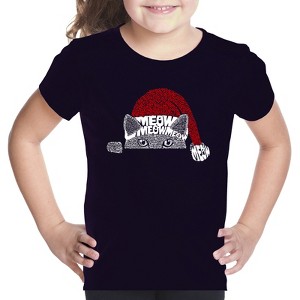 LA Pop Art Christmas Peeking Cat - Girl's Word Art T-Shirt - 1 of 4