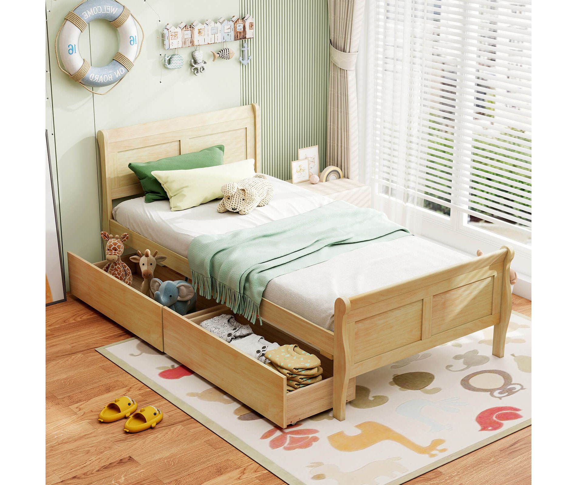 Costway Twin Size Bed Frame with 2 Storage Drawers Wood Platform Bed with Headboard Beige/White