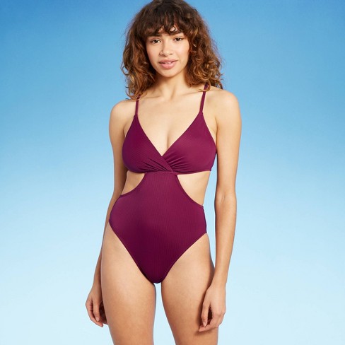 Women S Plunge Twist Front Ribbed Monokini One Piece Swimsuit Shade Shore Acai Purple Target