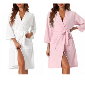 cheibear Women's 2 Pack Waffle Soft Spa & Bath Mid-Length Robes With Pockets & Belt - 1 of 4