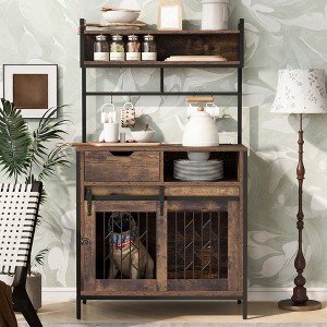 Dog Crate Furniture With Storage Shelves, Pet Friendly Kitchen Baker's Rack with Pet Crate, Dog Cage Coffee Bar Cabinet for Living Room Entryway - 1 of 4