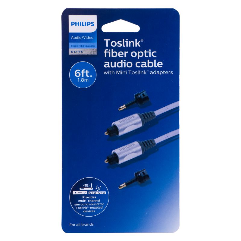 Philips 6' Elite Toslink Digital Fiber Optic Cable with 2 Mini Adapters - Gray, 6 of 8
