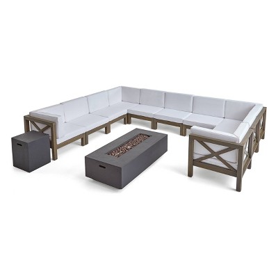 Brava 12pc Acacia Sectional Sofa Set with Fire Pit - Gray/White/Dark Gray - Christopher Knight Home