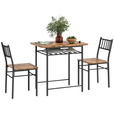 HOMCOM 3-Piece Small Dining Table Set, Kitchen Table and Chairs with Built-in Storage Rack and Steel Frame