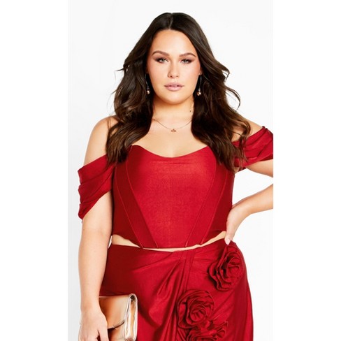 Women's Plus Size Fleur Off Shoulder Fitted Corset - cherry | CITY CHIC - image 1 of 4