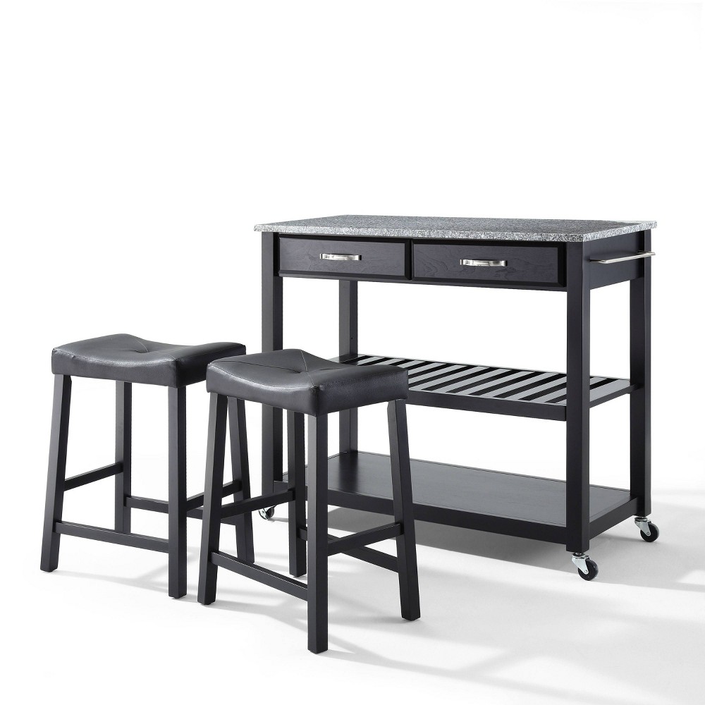Photos - Other Furniture Crosley Gray Granite Top Kitchen Prep Cart with 2 Upholstered Saddle Stools Black 