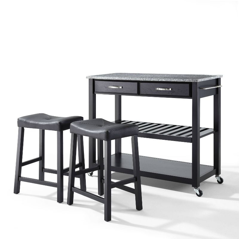 Gray Granite Top Kitchen Prep Cart with 2 Upholstered Saddle Stools - Crosley, 1 of 12