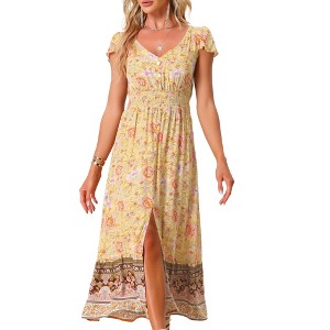 Allegra K Women's Floral Smocked Waist Short Sleeves V Neck Long Boho Dress - 1 of 4