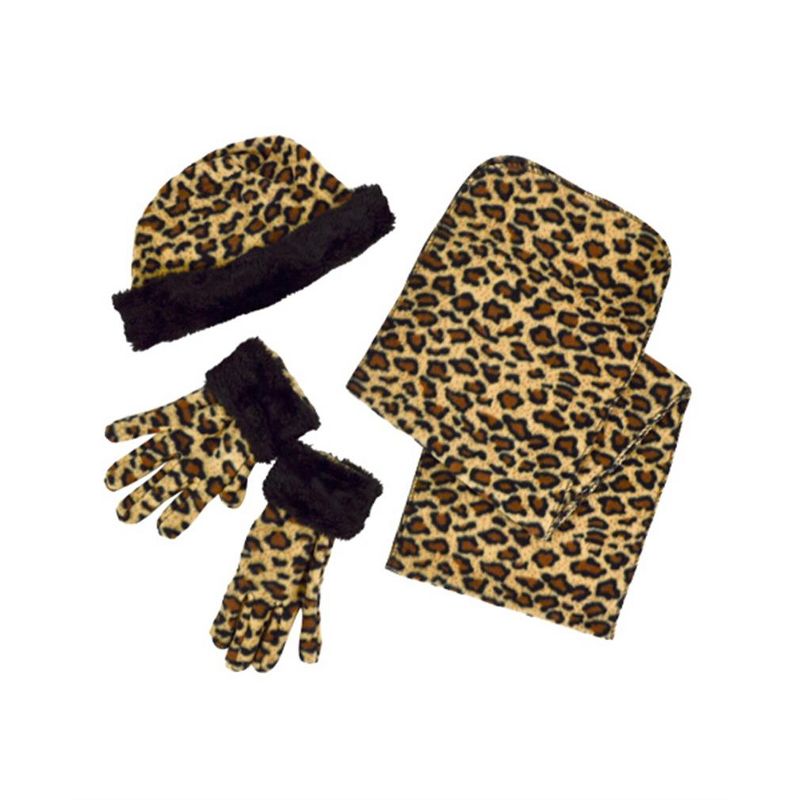 Women's Brown Jaguar 3-Piece gloves scarf Hat Fur Trim Winter Set, 2 of 5