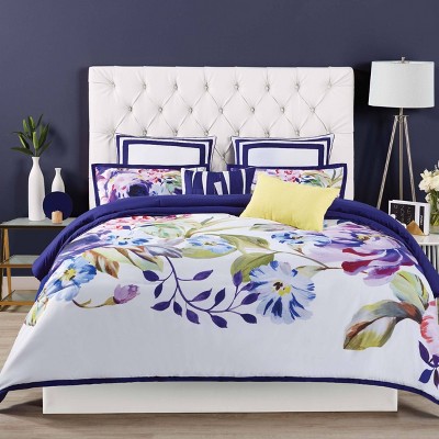 Christian Siriano Garden Bloom Full/Queen Comforter Set Purple/White/Green: Embroidered Microfiber, OEKO-TEX Certified