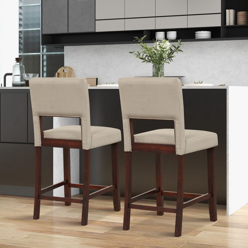 Costway Set of 2 Upholstered Linen Bar Stools 24.5'' Wooden Dining Chairs with Back Beige/Brown, 3 of 10
