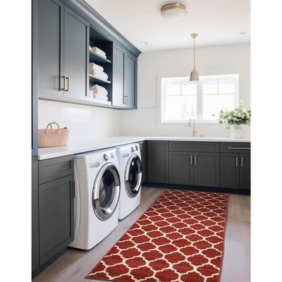Red and Beige Synthetic Trellis Runner Rug, 6 ft