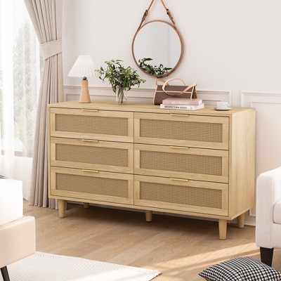 51.18"6-Drawers Rattan Storage Cabinet Rattan Drawer with White Drawer Slides,for Bedroom,Living Room