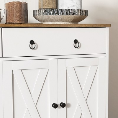 White Farmhouse Sideboard Buffet Cabinet with Barn Doors and Drawers